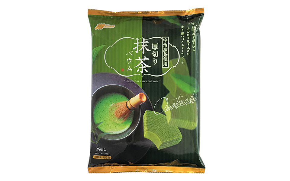 厚切り宇治抹茶バウム｜宇治抹茶を練り込み、ふんわり焼き上げた香り深い味わい。食べやすいサイズの個包装です。